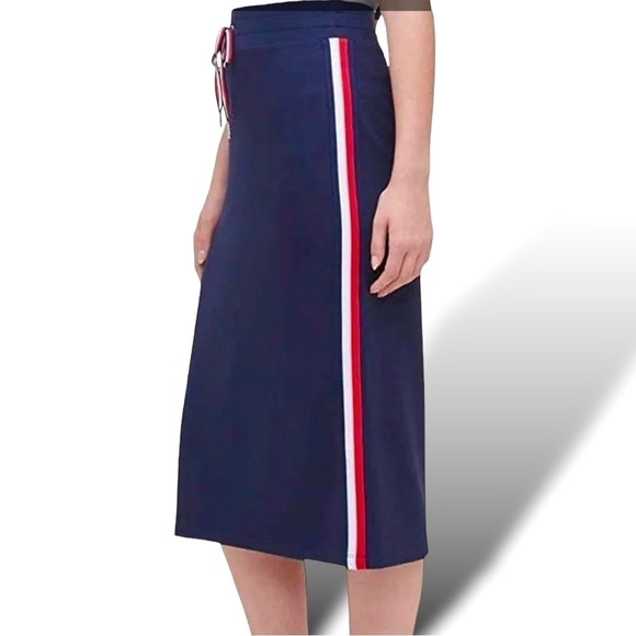 TOMMY HILFIGER Knit Midi Skirt Woman’s XL/EG Navy Blue Drawstring Waistband EUC - Picture 1 of 6